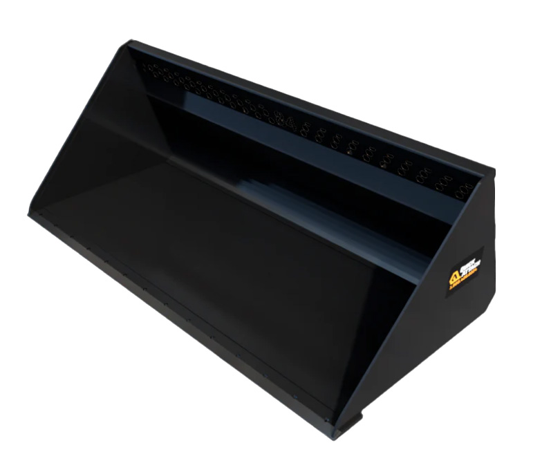 quick-attach-bucket Heavy-duty black skid steer bucket attachment with reinforced sides and cutting edge.