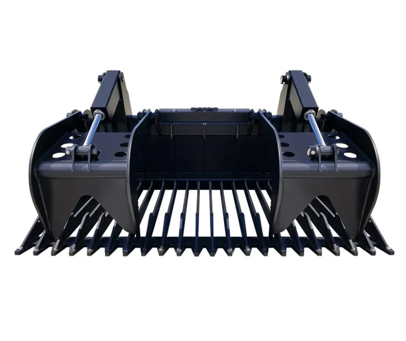 quick-attach-grapple Heavy-duty root grapple attachment with hydraulic arms for skid steers or loaders.