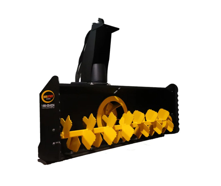 quick-attach-snow-blower Heavy-duty black and yellow snow blower attachment for skid steers or loaders.