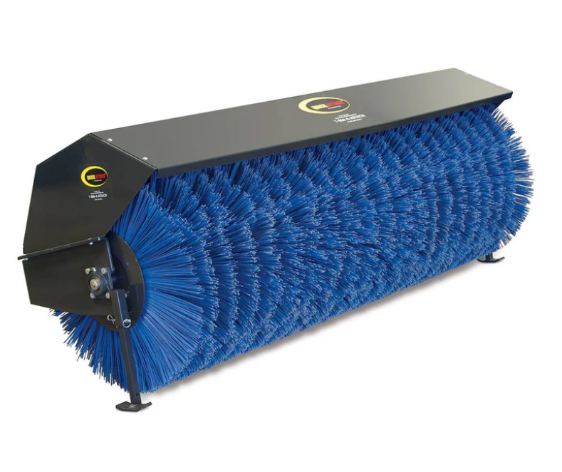 quick-attach-sweeper Large blue rotary broom attachment with black housing for skid steers or loaders.