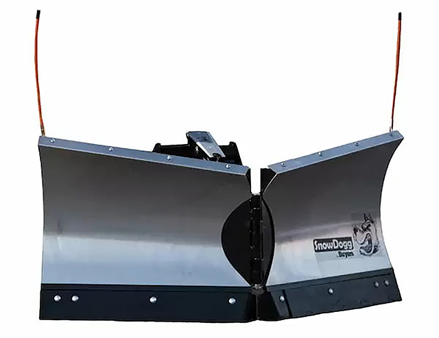 snowdogg-atv-plow SnowDogg V-plow snow plow attachment with lights and black cutting edges.