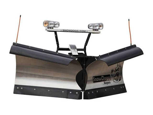 snowdogg-truck-plow SnowDogg V-plow snow plow attachment with lights and black cutting edges.